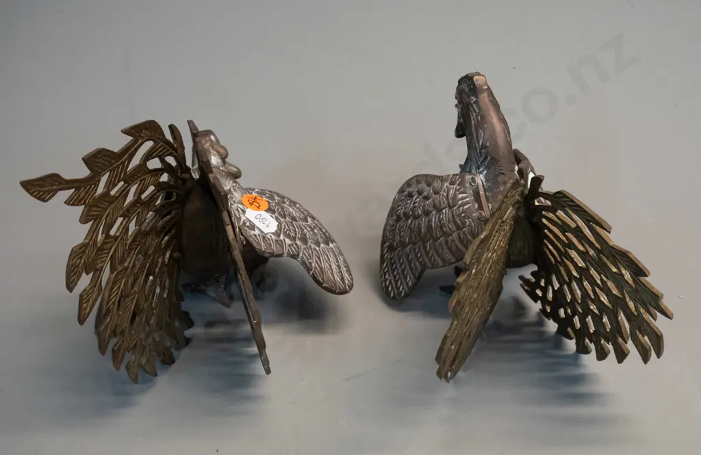 pair of cast metal brass finish fighting rooster figures - taller is H-170 L-170, one missing a wing-fixing screw Image 1++