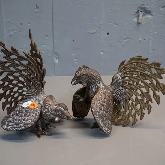 pair of cast metal brass finish fighting rooster figures - taller is H-170 L-170, one missing a wing-fixing screw