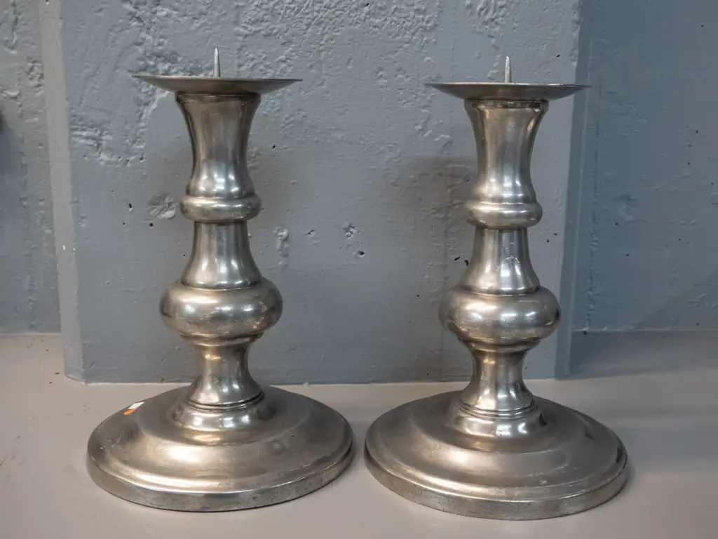 pair of large pewter candle holders with spikes H-320 D-210 at base Image 1++