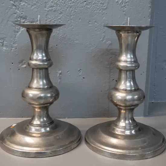 pair of large pewter candle holders with spikes H-320 D-210 at base