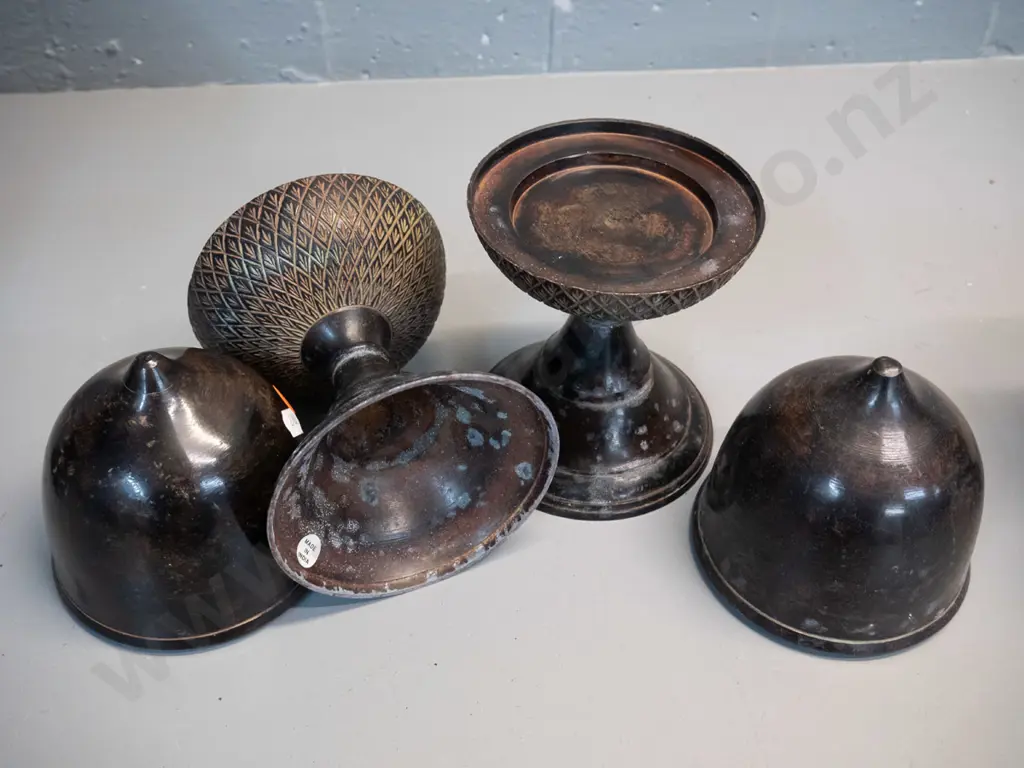 pair of bronze finish cast metal acorn finial shaped lidded vessels - made in India H-230 D-110 Image 1++