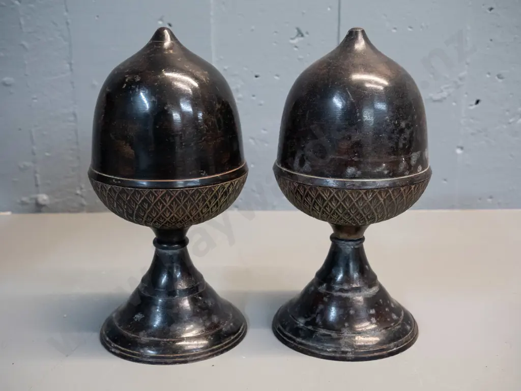 pair of bronze finish cast metal acorn finial shaped lidded vessels - made in India H-230 D-110 Image 1++