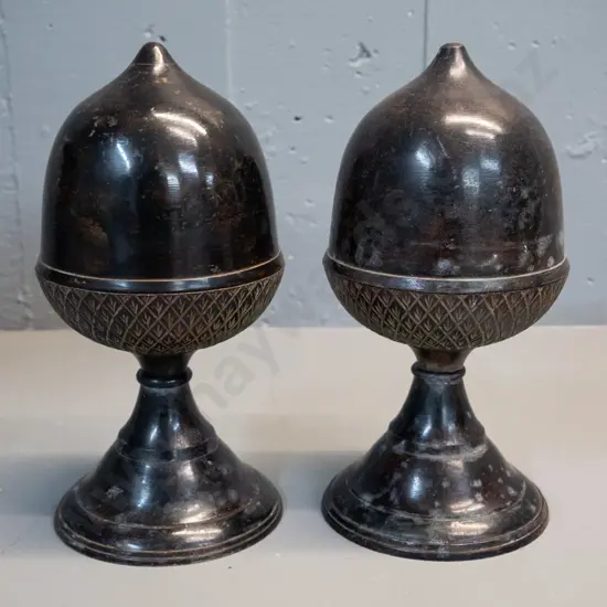 pair of bronze finish cast metal acorn finial shaped lidded vessels - made in India H-230 D-110