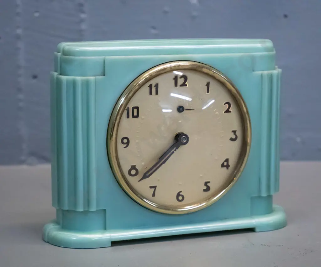 deco French 'Jaz' brand alarm clock in marbled green bakelite case, wind up mechanism is going. Brass bezel has some age Image 1++