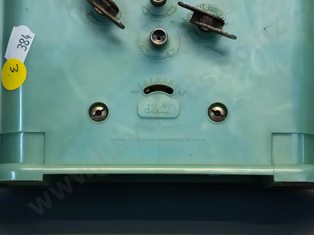 deco French 'Jaz' brand alarm clock in marbled green bakelite case, wind up mechanism is going. Brass bezel has some age Image 1++