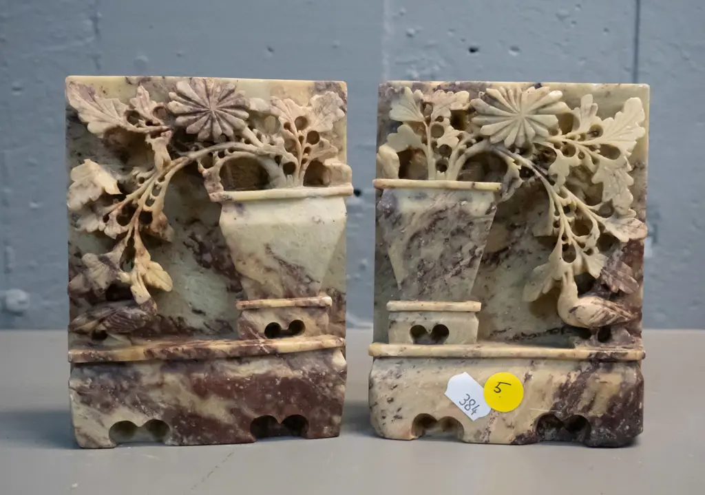 pair of Chinese carved marble flower motif book-ends, one has tiny chip on corner. H-140 W-100 Image 1++