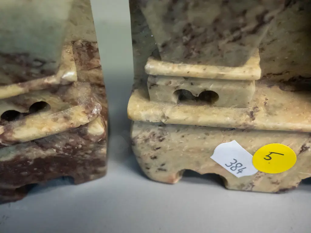pair of Chinese carved marble flower motif book-ends, one has tiny chip on corner. H-140 W-100 Image 1++