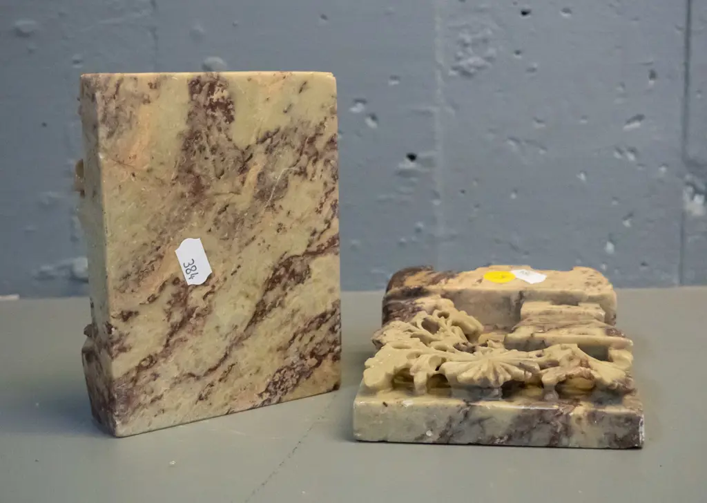 pair of Chinese carved marble flower motif book-ends, one has tiny chip on corner. H-140 W-100 Image 1++