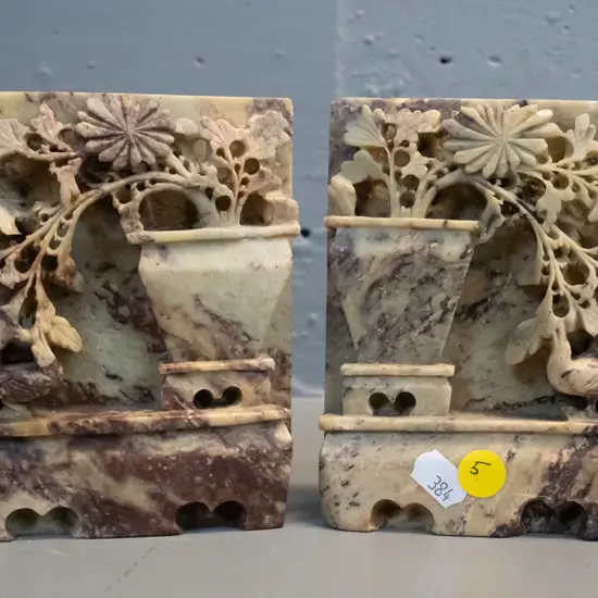 pair of Chinese carved marble flower motif book-ends, one has tiny chip on corner. H-140 W-100
