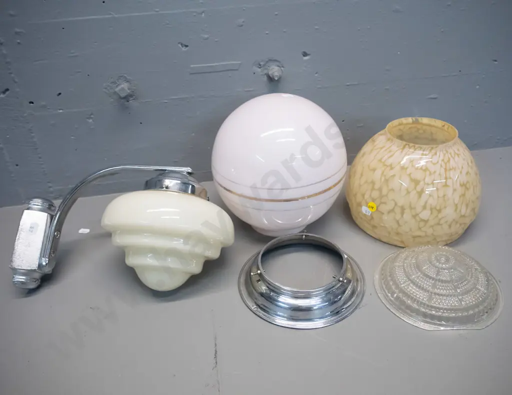 3 vintage glass light fittings - chrome wall sconce with milk glass shade (some pitting to chrome) a mottled globe with Image 1++
