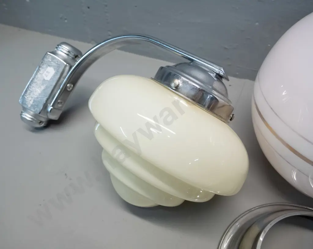 3 vintage glass light fittings - chrome wall sconce with milk glass shade (some pitting to chrome) a mottled globe with Image 1++