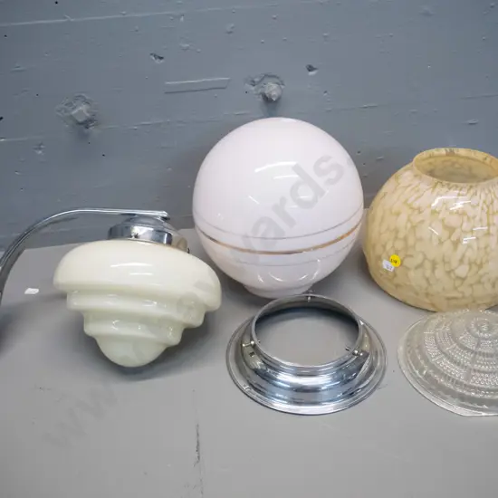 3 vintage glass light fittings - chrome wall sconce with milk glass shade (some pitting to chrome) a mottled globe with