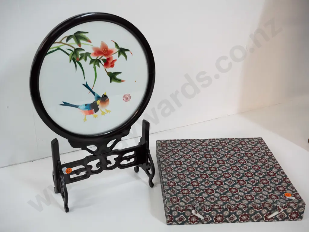 Chinese silk embroidery in glazed frame / timber stand with fitted box H-410 W-230 Image 1++
