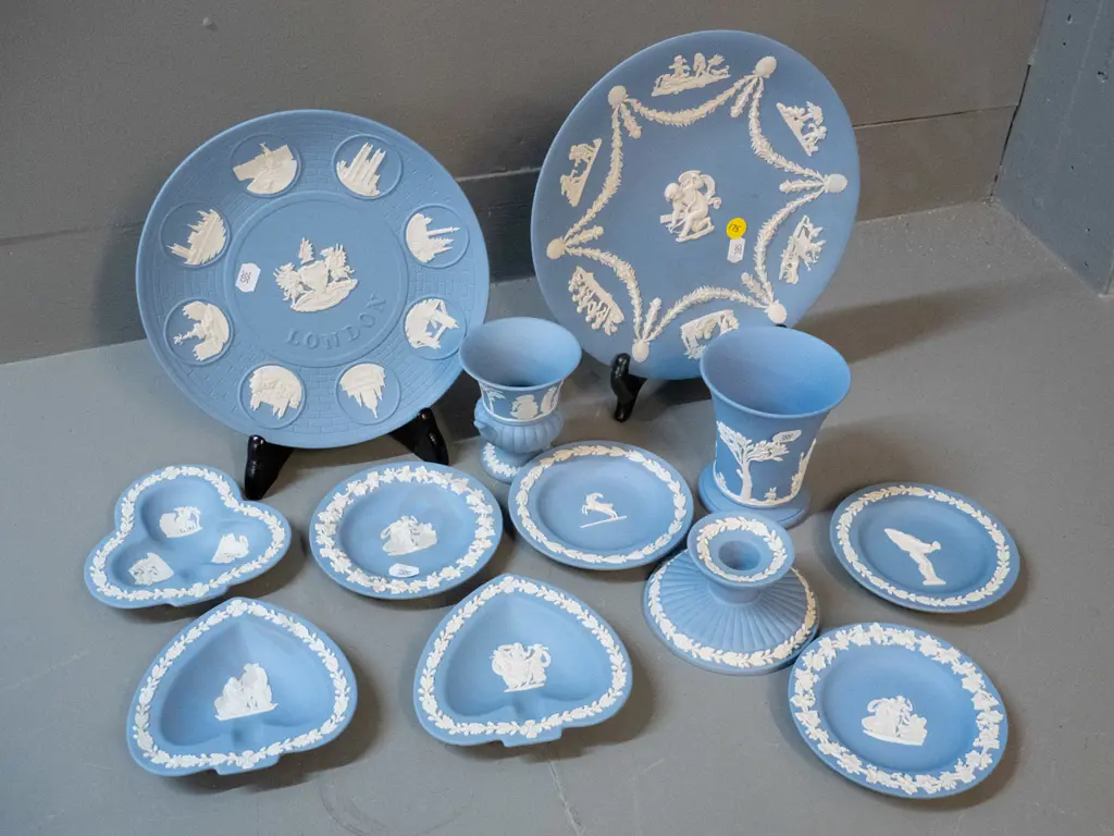 assorted Wedgwood light blue jasperware including 2 cabinet plates, pin dishes, candle holder, 2 vases etc. Larger Image 1++