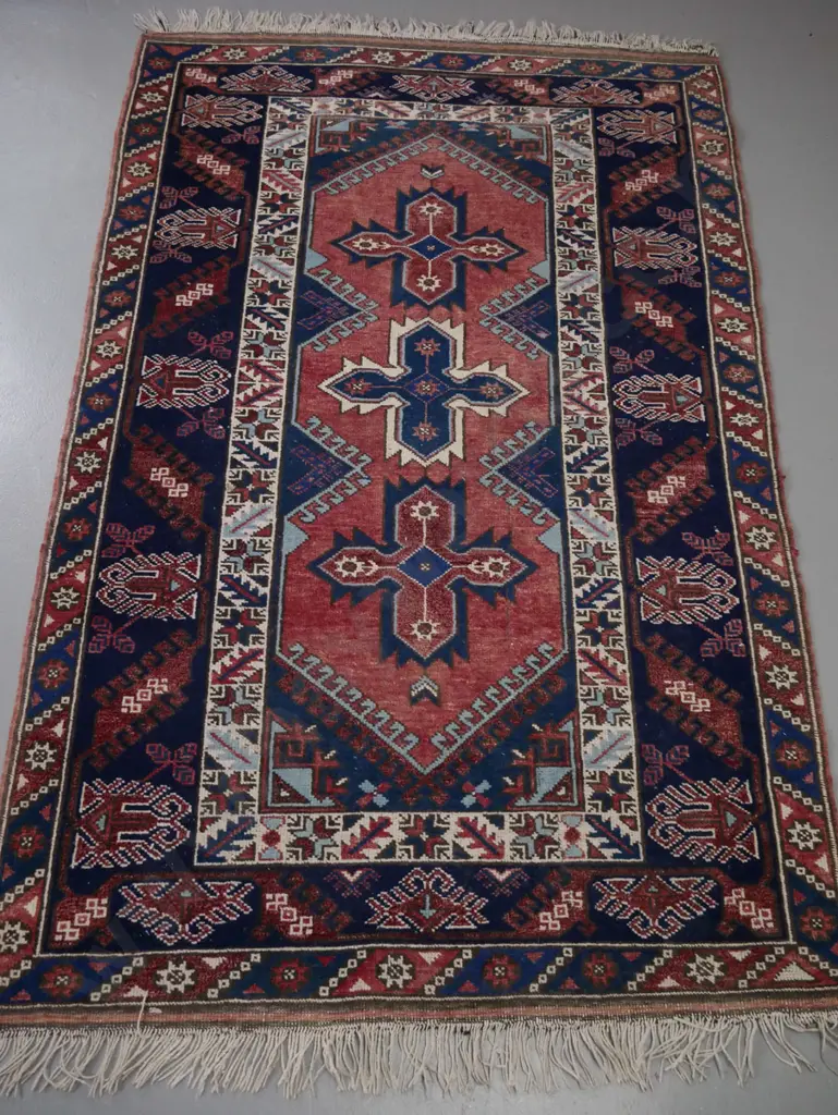 Persian style hand-knotted wool floor rug - reds, blue, brown and cream - overall slight fading L-2000 W-1240 Image 1++