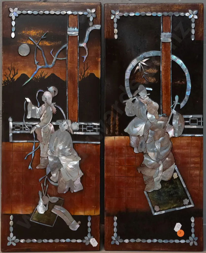 pair of oriental hand painted and mother of pearl inlay wall pictures H-490 W-195 Image 1++
