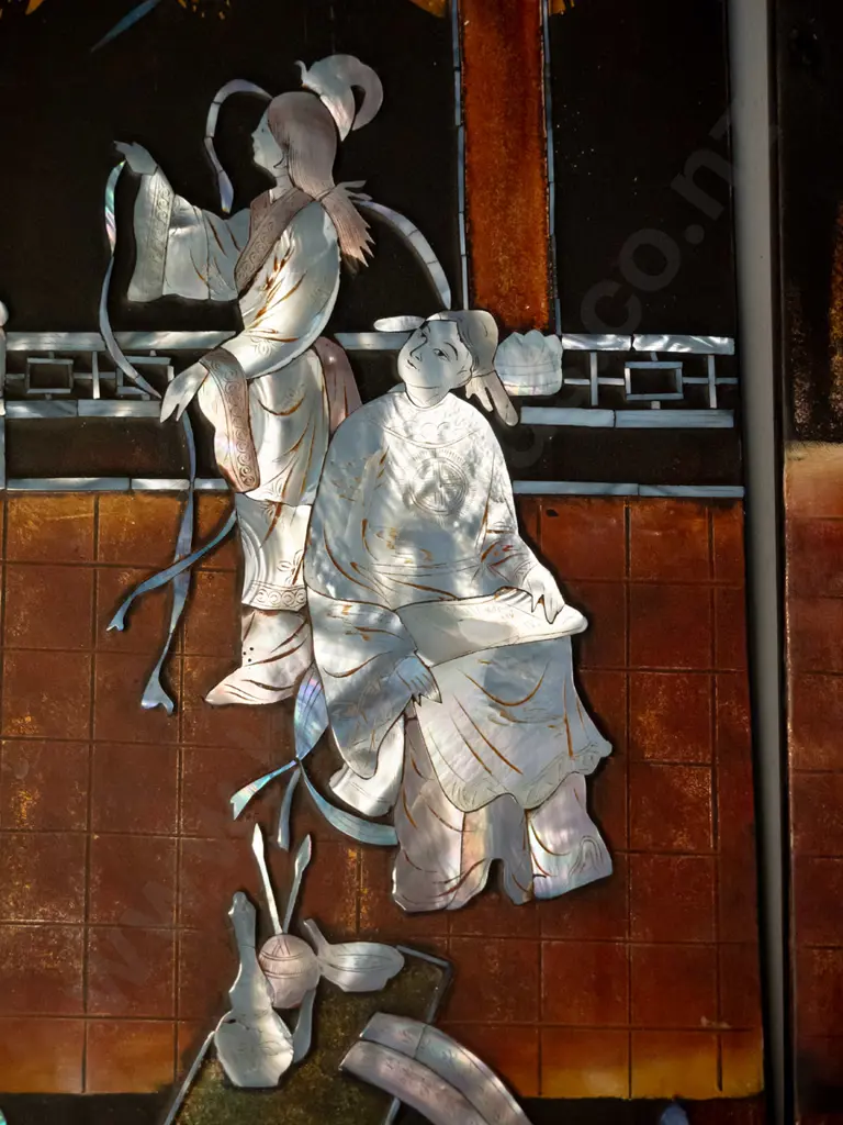 pair of oriental hand painted and mother of pearl inlay wall pictures H-490 W-195 Image 1++
