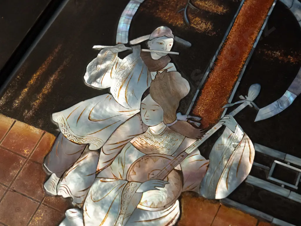 pair of oriental hand painted and mother of pearl inlay wall pictures H-490 W-195 Image 1++
