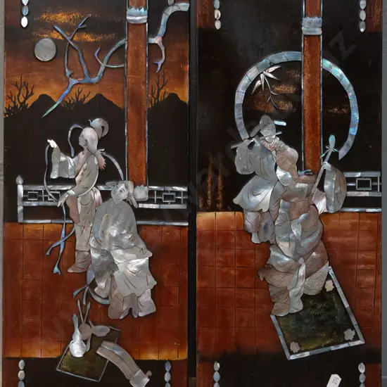 pair of oriental hand painted and mother of pearl inlay wall pictures H-490 W-195