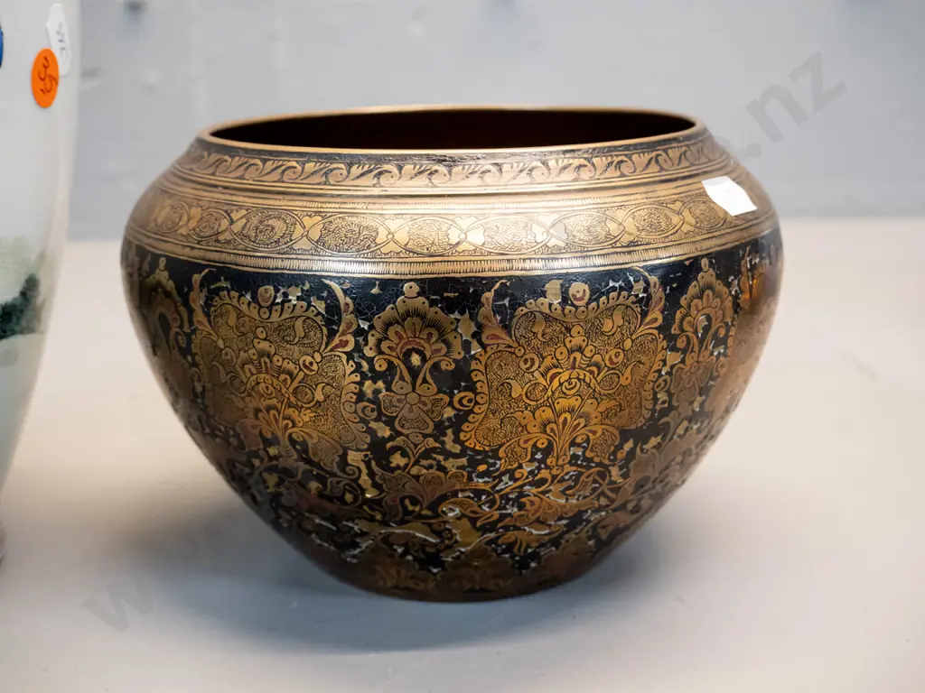 Chinese vase H-360 and an (Indian?) enamel over engraved brass pot or jardiniere - extensive flaking to black enamel Image 1++