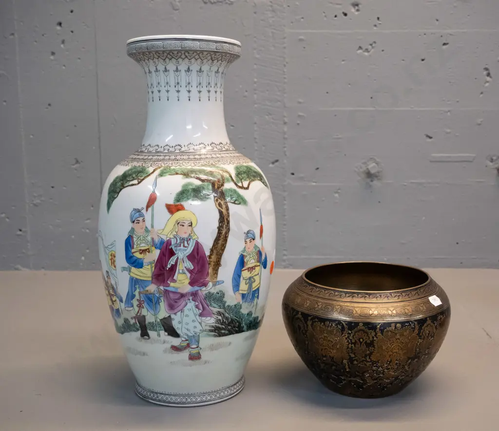 Chinese vase H-360 and an (Indian?) enamel over engraved brass pot or jardiniere - extensive flaking to black enamel Image 1++