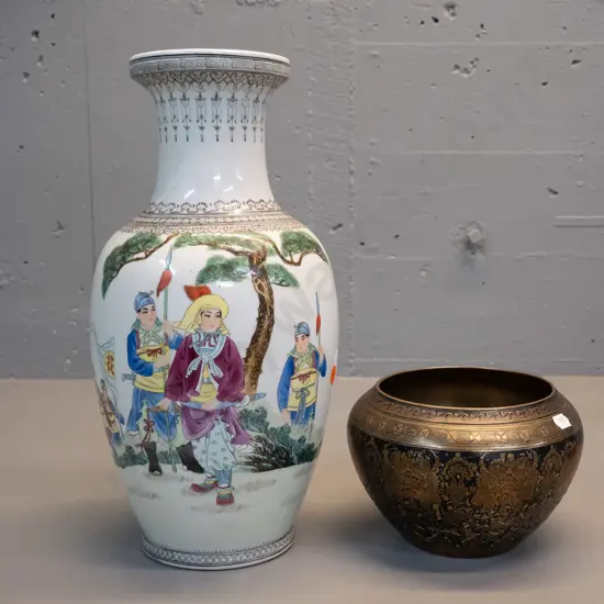 Chinese vase H-360 and an (Indian?) enamel over engraved brass pot or jardiniere - extensive flaking to black enamel