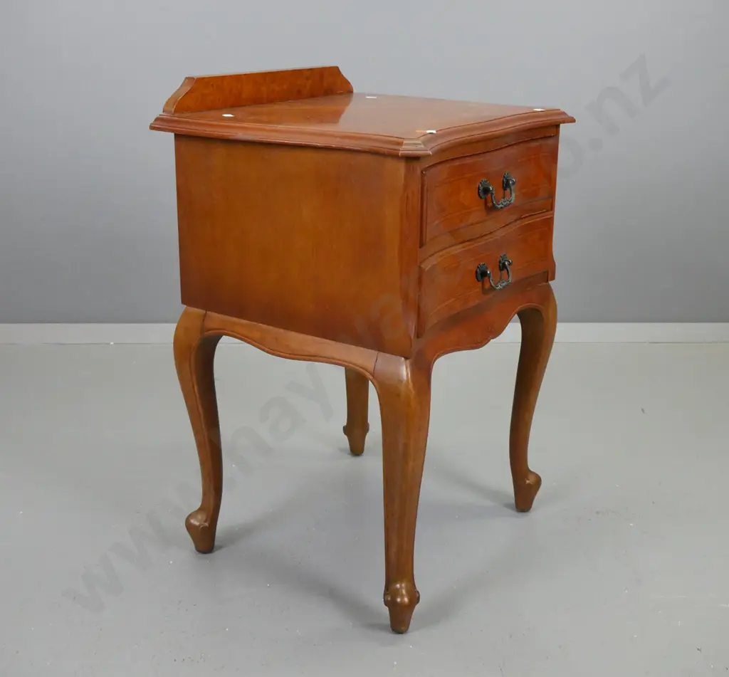 reproduction walnut cab-leg bedside cabinet with cross-banded inlay drawer fronts - back rail is loose H-690 W-460 D-410 Image 1++