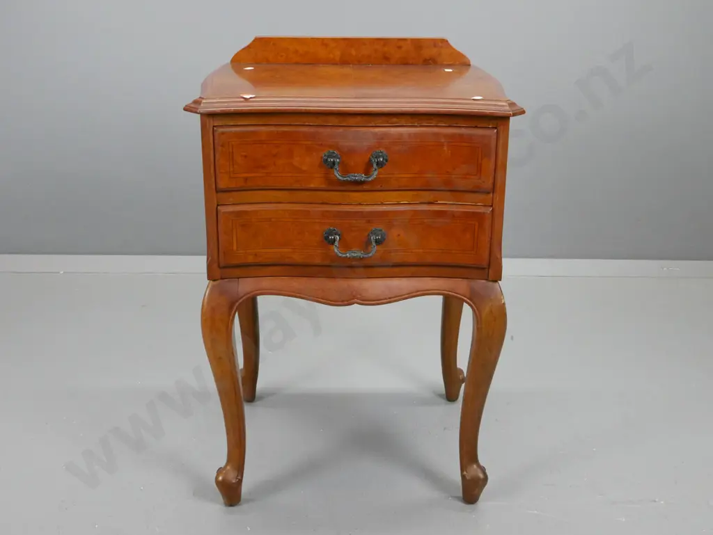 reproduction walnut cab-leg bedside cabinet with cross-banded inlay drawer fronts - back rail is loose H-690 W-460 D-410 Image 1++