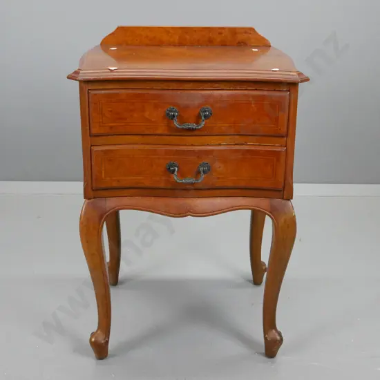 reproduction walnut cab-leg bedside cabinet with cross-banded inlay drawer fronts - back rail is loose H-690 W-460 D-410