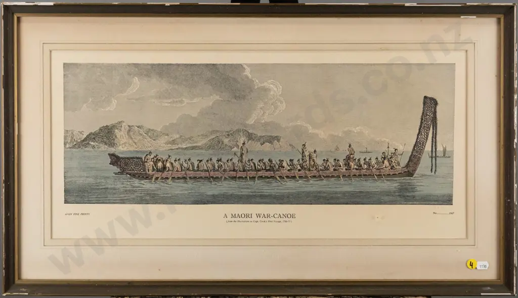 framed vintage print " Maori war canoe " (framing needs attention) H-200 W-540 Image 1++