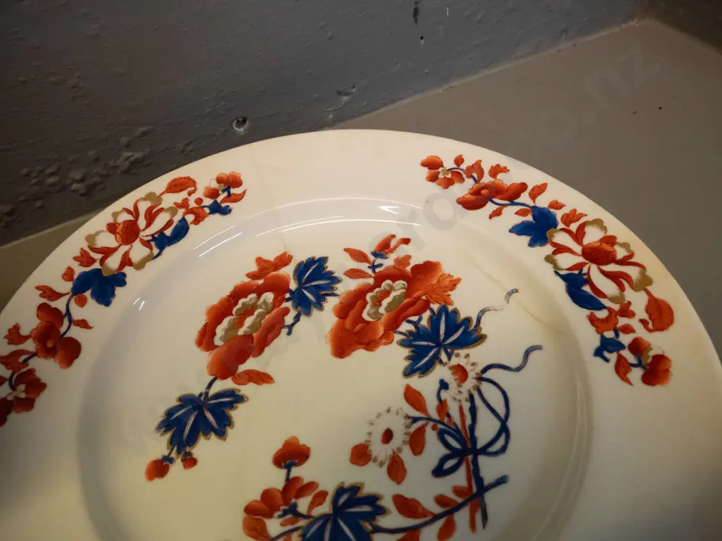 antique hand painted blue and red floral dinnerware - hard to decipher maker's mark on one. Some wear to decoration, Image 1++