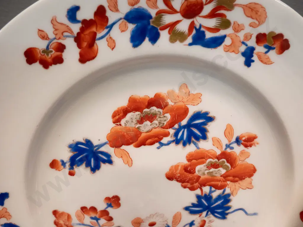 antique hand painted blue and red floral dinnerware - hard to decipher maker's mark on one. Some wear to decoration, Image 1++