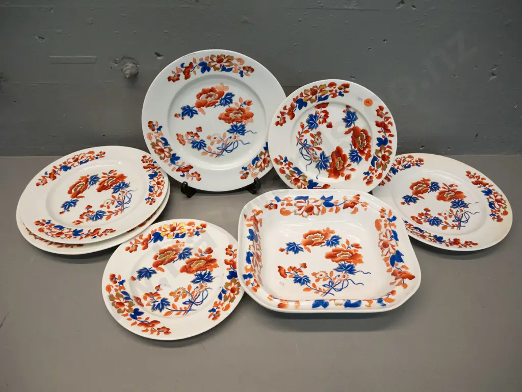 antique hand painted blue and red floral dinnerware - hard to decipher maker's mark on one. Some wear to decoration, Image 1++