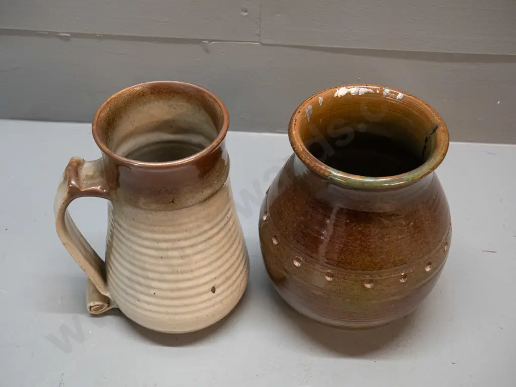 2 studio pottery items - large beaker H-180 with scroll handle and a vase - unknown marks, see photos Image 1++