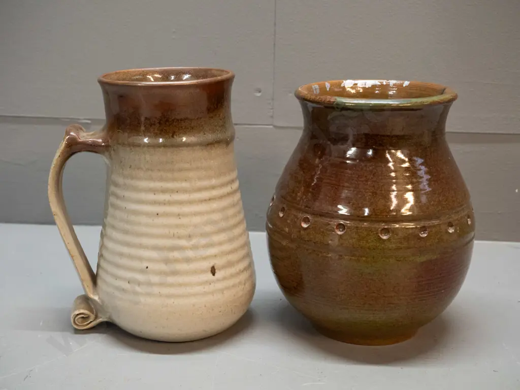 2 studio pottery items - large beaker H-180 with scroll handle and a vase - unknown marks, see photos Image 1++