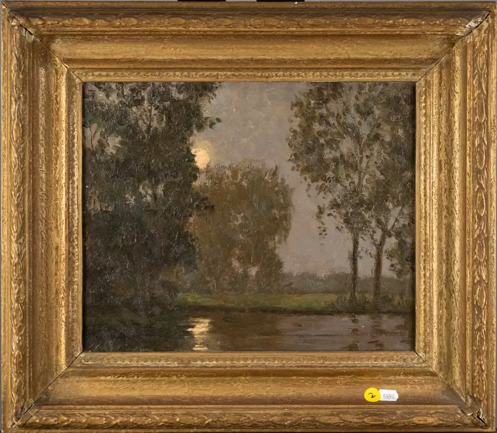 illegible signature - gilt framed oil - moon over water (frame needs attention) H - 230 W - 280 Image 1++