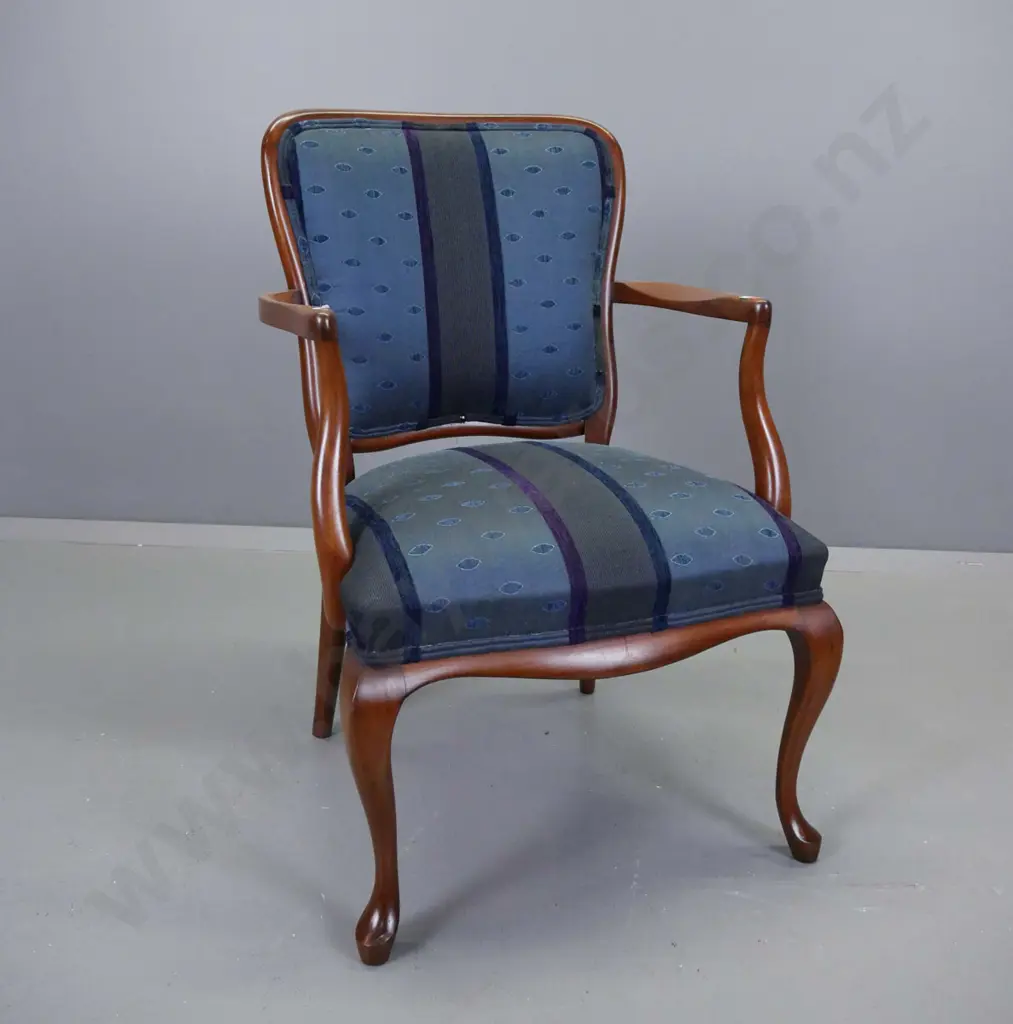 mahogany open-armed chair with sweeping cab legs, blue fabric upholstery - both arms loose H-830 W-450 D-500 Image 1++
