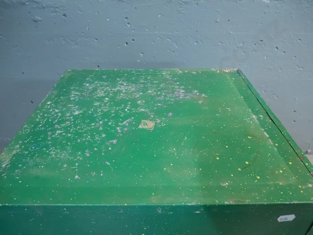 green metal Kool Tite meat safe - with Page & Wheeler Dunedin on transfer label - some corrosion H-440 W-330 D-360 Image 1++