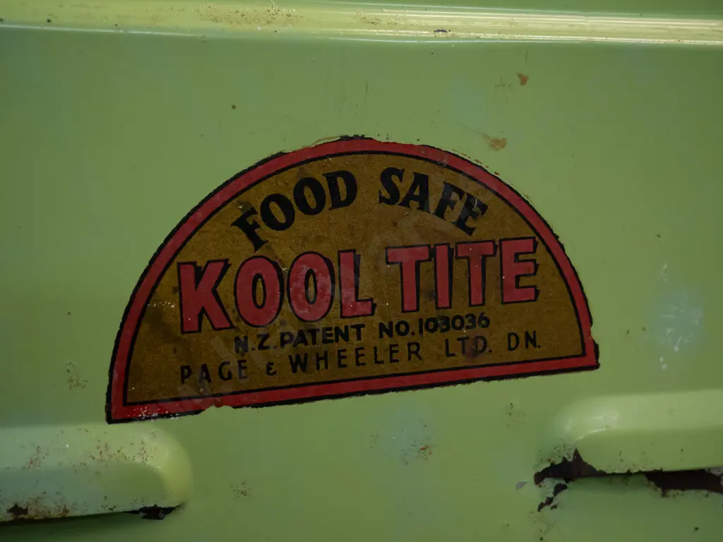 green metal Kool Tite meat safe - with Page & Wheeler Dunedin on transfer label - some corrosion H-440 W-330 D-360 Image 1++