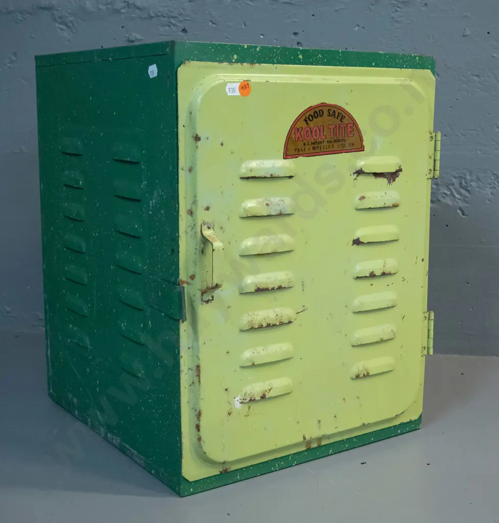 green metal Kool Tite meat safe - with Page & Wheeler Dunedin on transfer label - some corrosion H-440 W-330 D-360 Image 1++