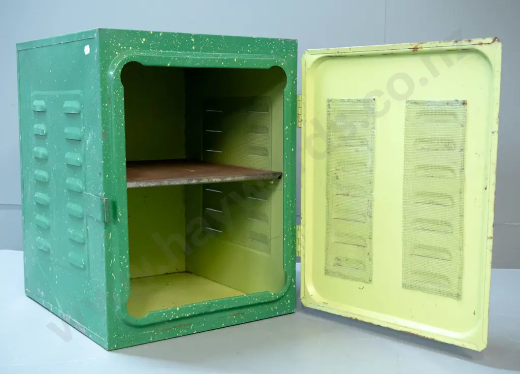 green metal Kool Tite meat safe - with Page & Wheeler Dunedin on transfer label - some corrosion H-440 W-330 D-360 Image 1++