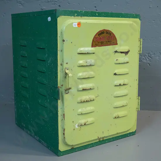 green metal Kool Tite meat safe - with Page & Wheeler Dunedin on transfer label - some corrosion H-440 W-330 D-360