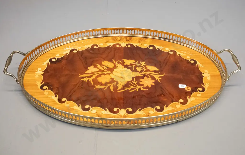 retro Sorrento style inlay timber serving tray with brass gallery and handles L-520 W_310 Image 1++