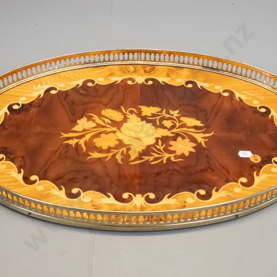retro Sorrento style inlay timber serving tray with brass gallery and handles L-520 W_310