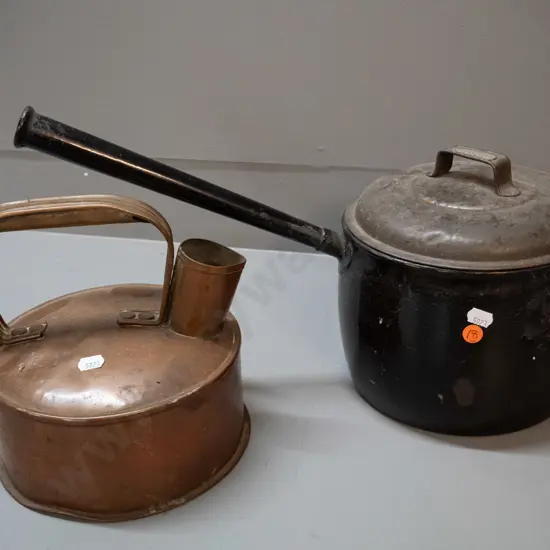 vintage copper kettle and a long-handled 8 pint Judge ware cooking pot - corrosion to lid and pot, chips to enamel, some