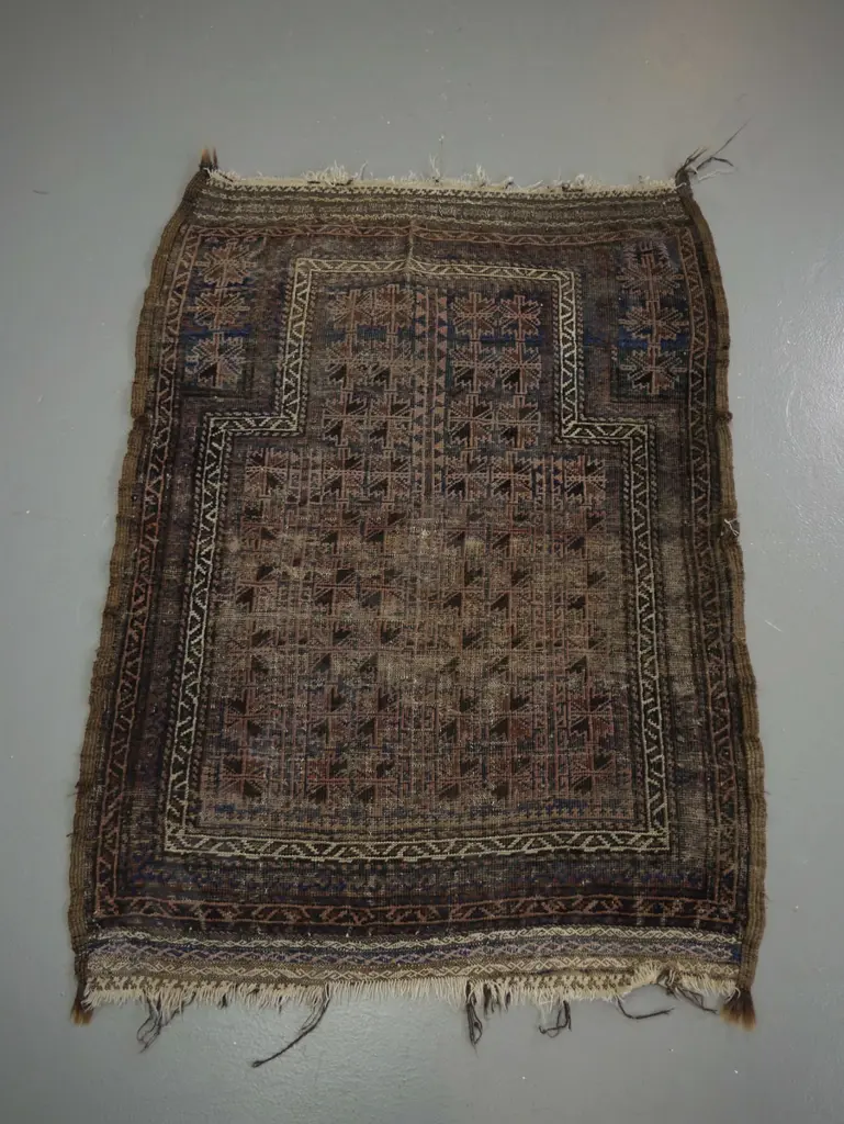 hand-knotted Persian style wool prayer rug - faded blues, reds, brown, significant wear and repairs to edging, fringe Image 1++