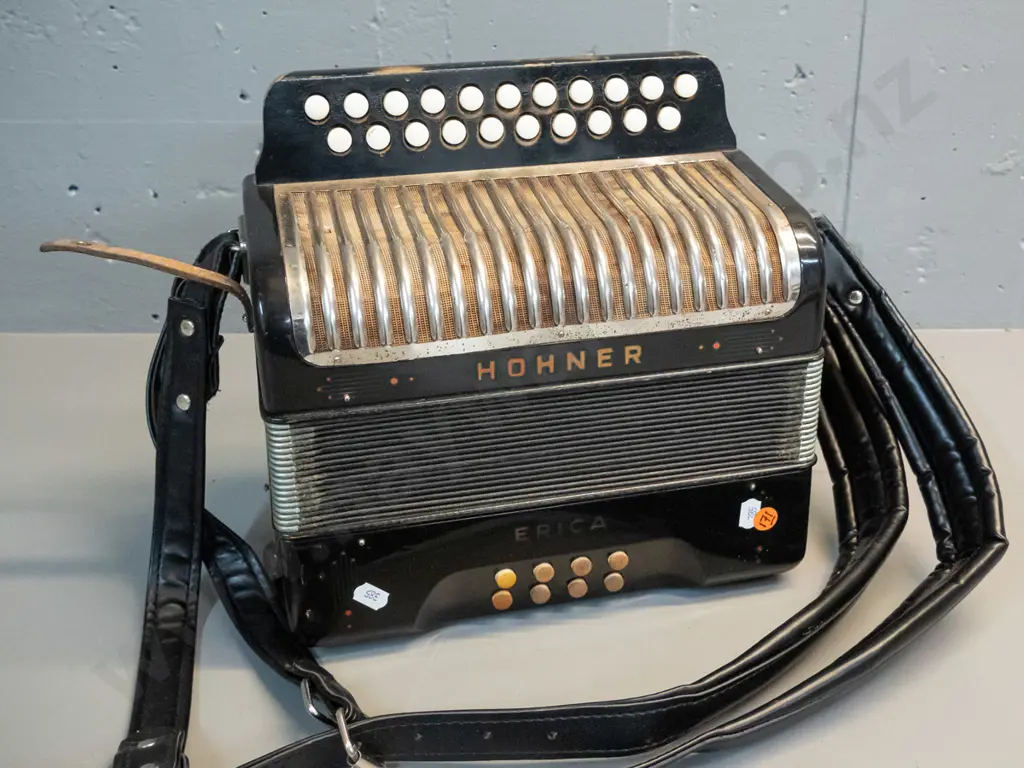vintage Hohner Erica button accordion - general age wear to finish, minor corrosion in metal fittings. H-270 W-280 D-150 Image 1++