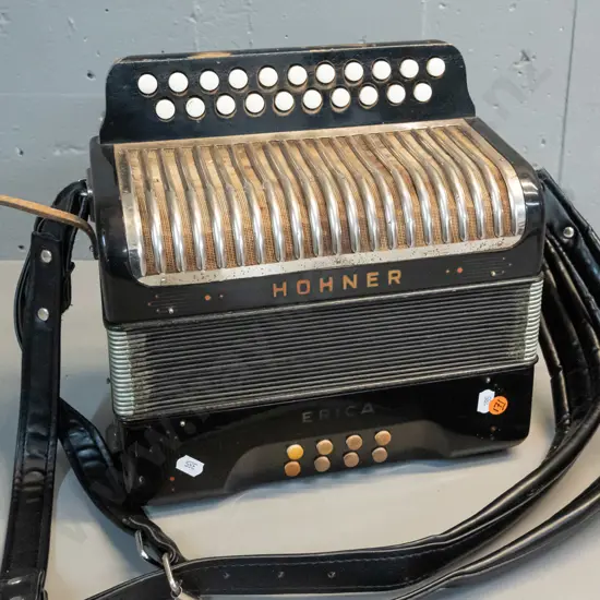 vintage Hohner Erica button accordion - general age wear to finish, minor corrosion in metal fittings. H-270 W-280 D-150