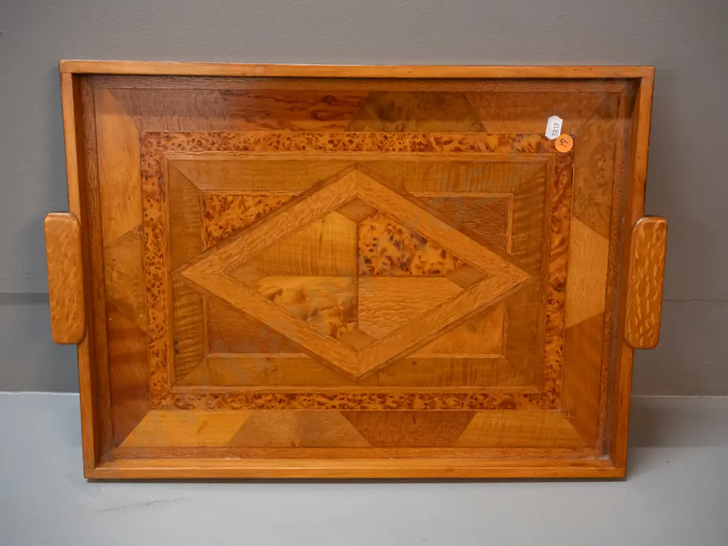 handled tray with mixed timber inlay design including figured bird's eye panels L-470 W-330 Image 1++