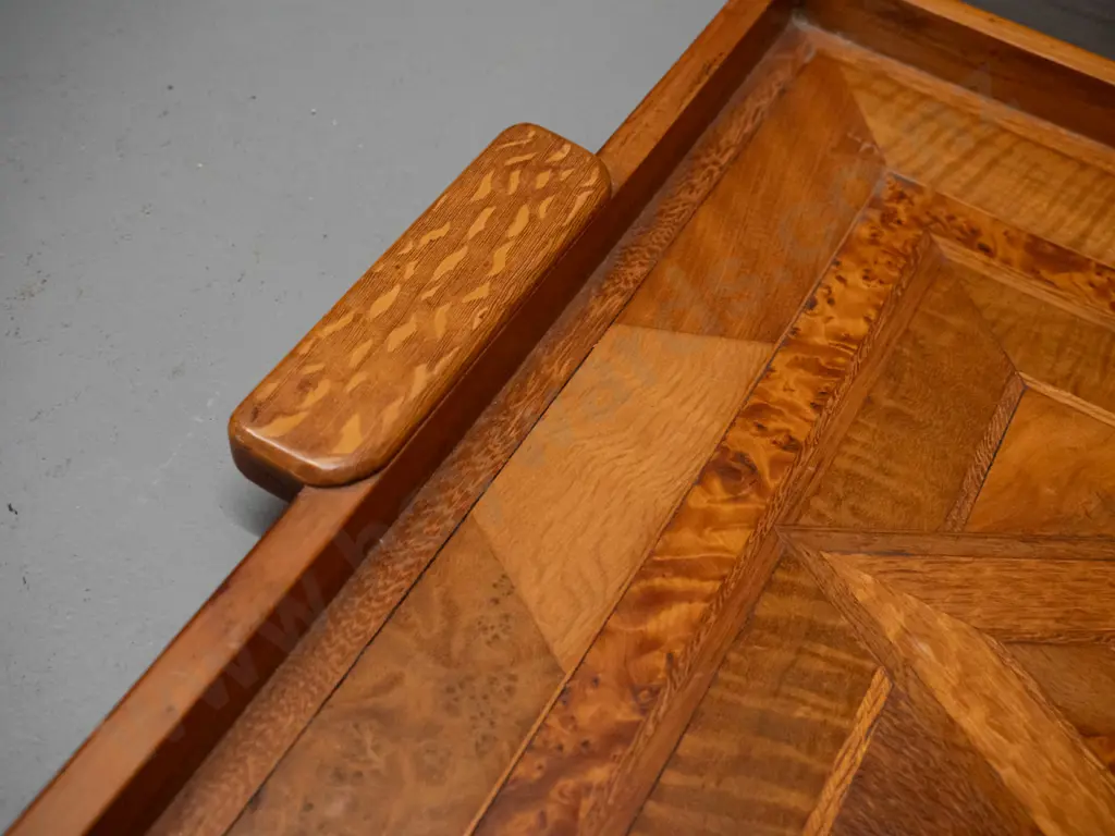 handled tray with mixed timber inlay design including figured bird's eye panels L-470 W-330 Image 1++